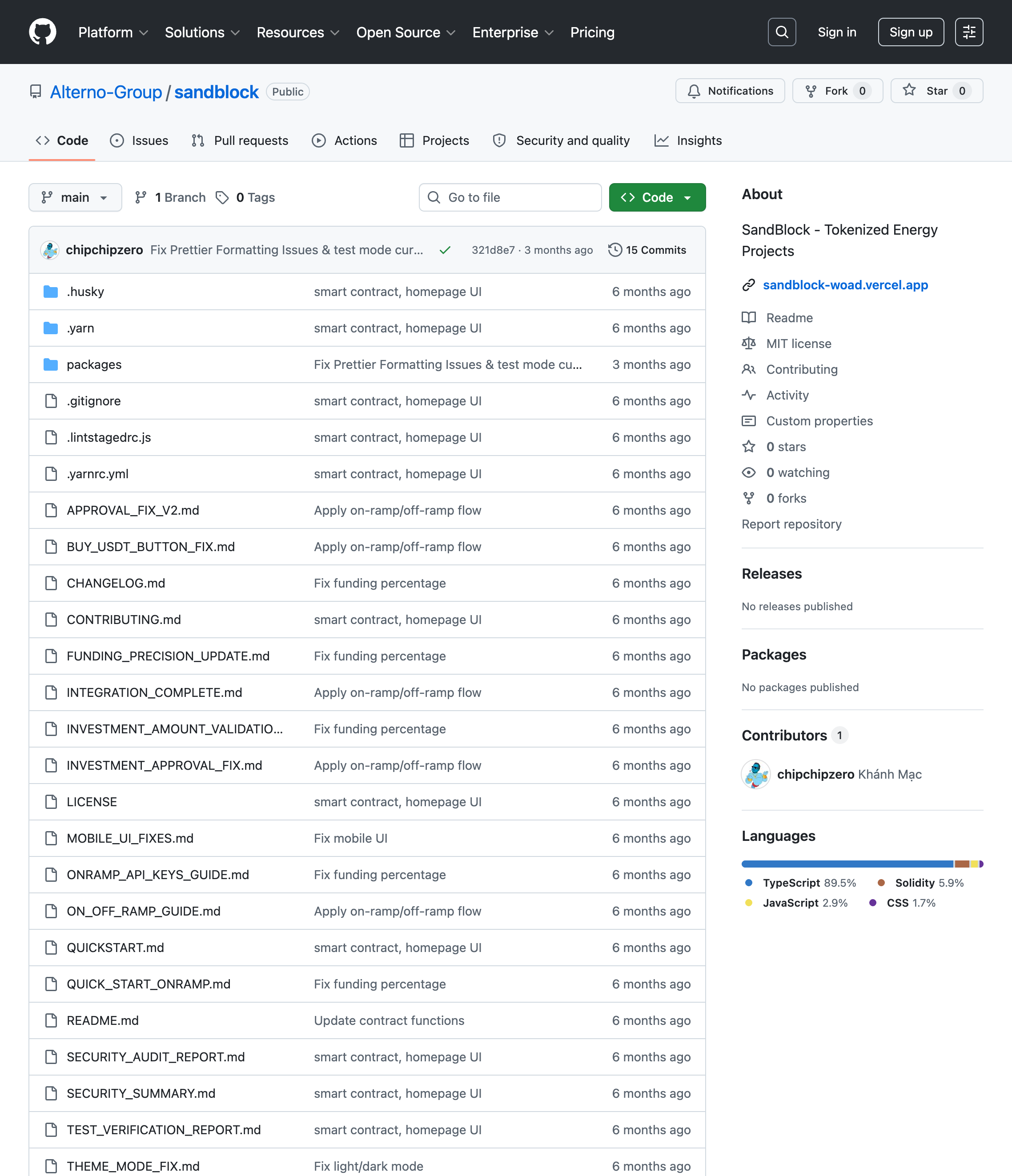 Alterno-Group/sandblock GitHub commit history showing chipchipzero as the sole contributor