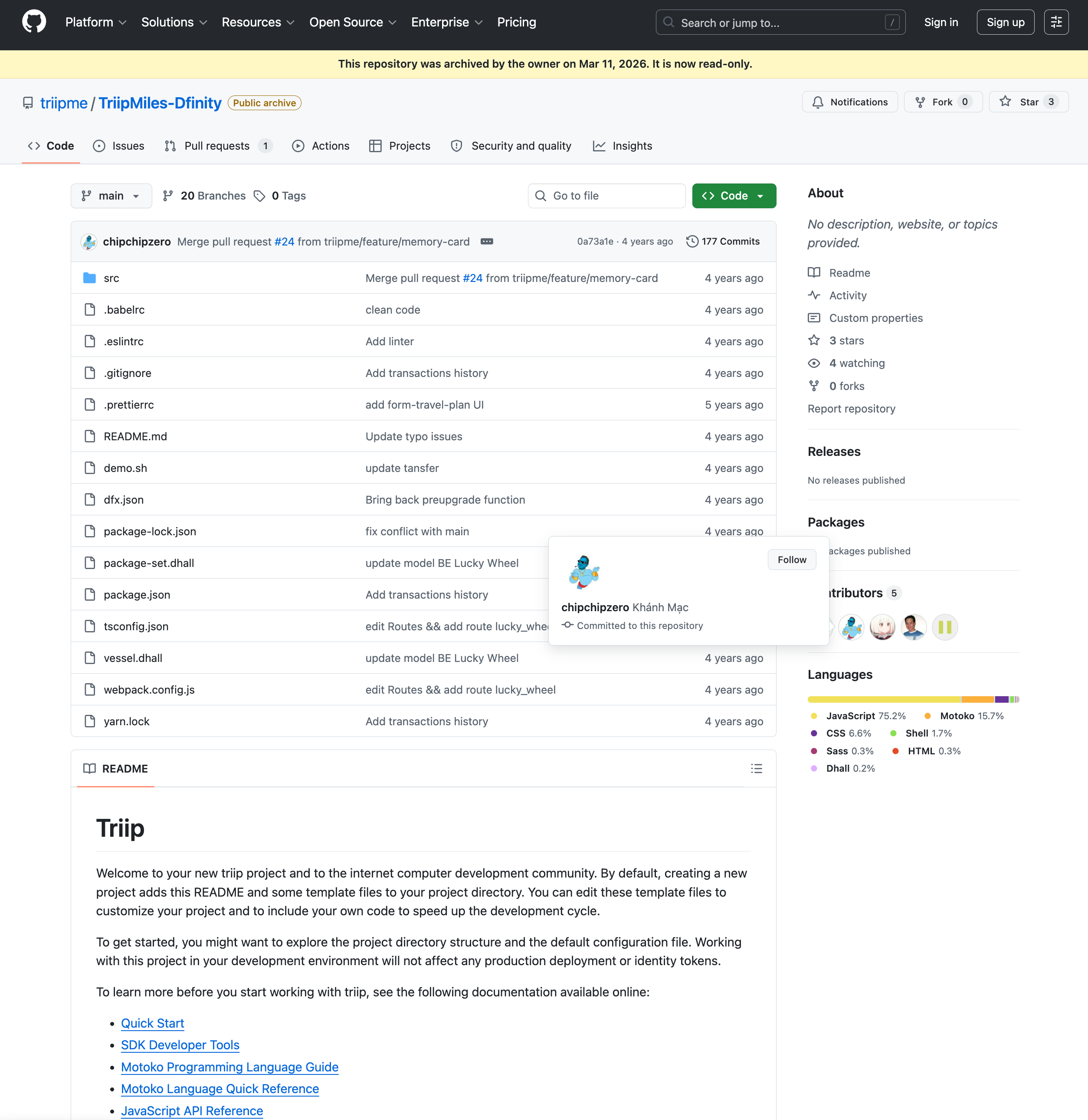 Comparison of chipchipzero commit profile across SandBlock and the old Triip.me crypto repo