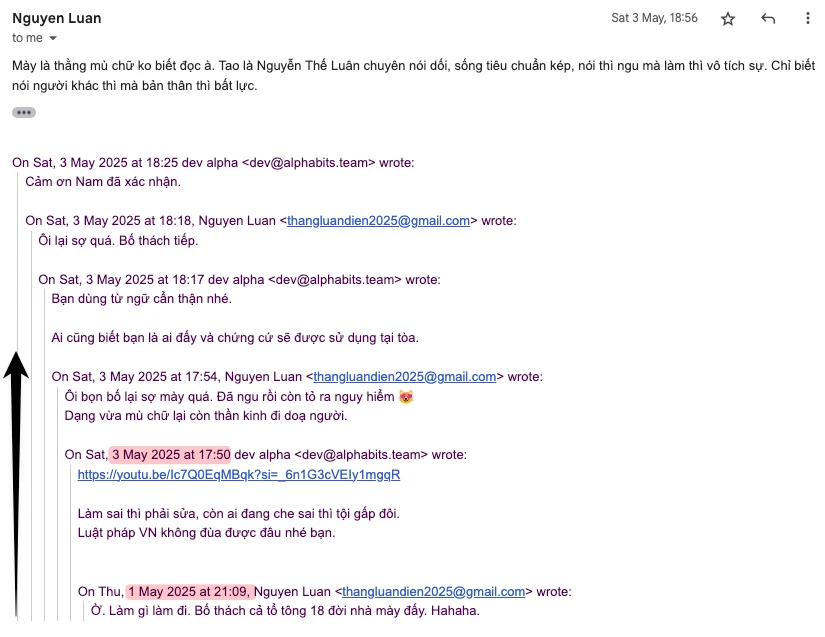 Insulting email started on 1st May 2025, at night time.