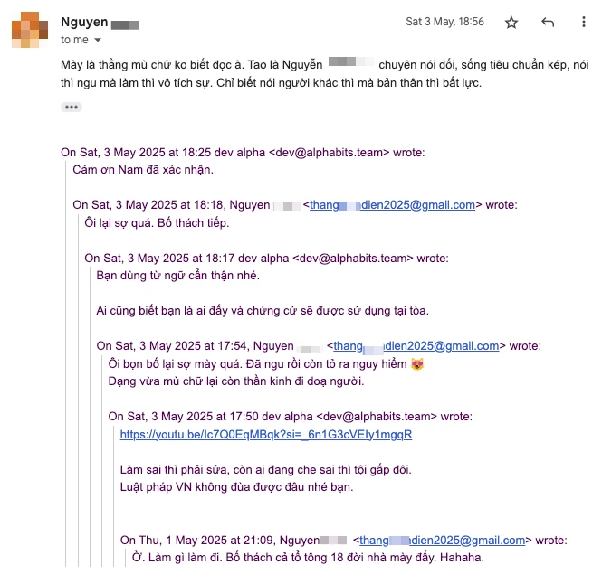 Materials that impersonate me and contain insulting characterizations. (dev@alphabit.team is my dev team's email)