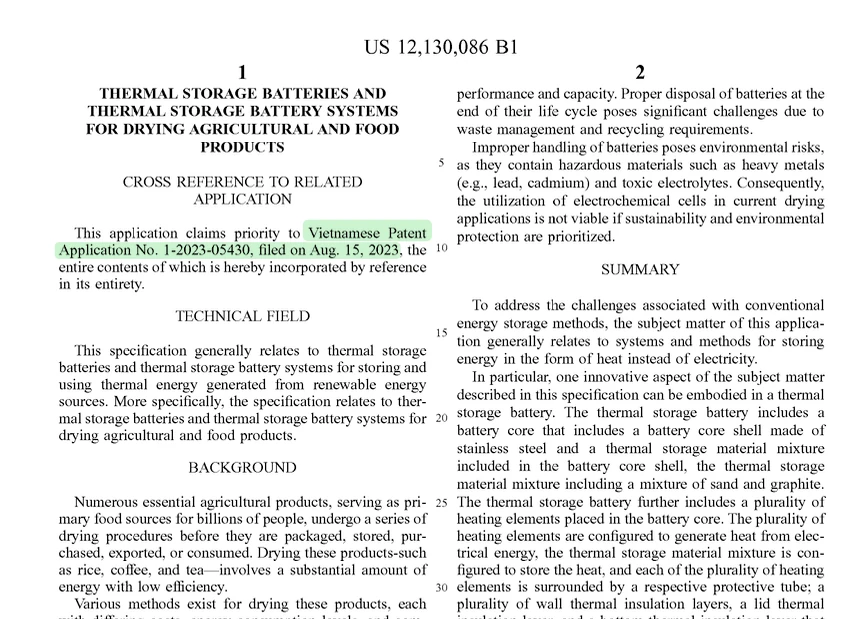 Excerpt from USPTO 12,130,086 B1 - referencing the prior Vietnamese Patent