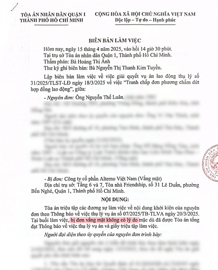 Alterno Vietnam was absent in court, without valid reasons on 15/04/2025.