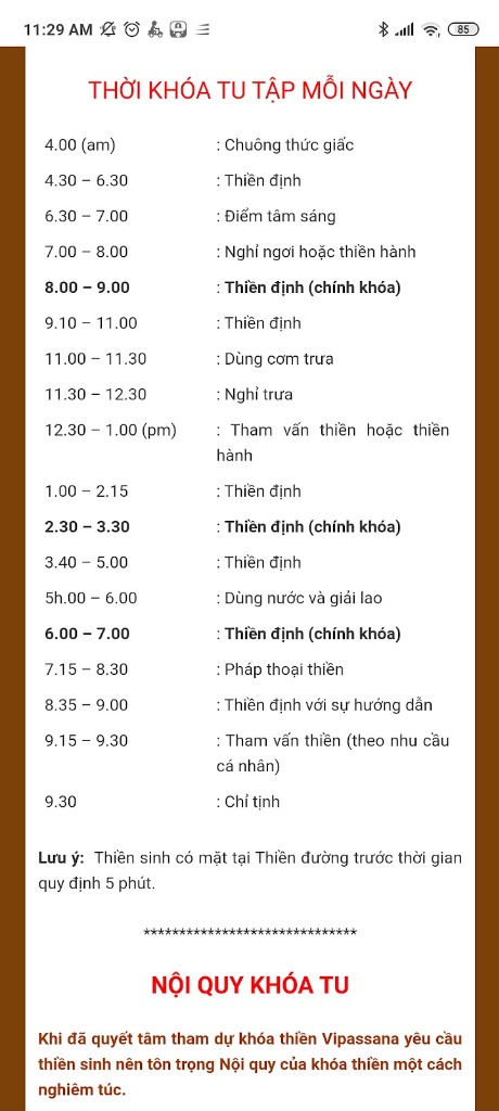 Daily timetable and rules of the Vipassana retreat