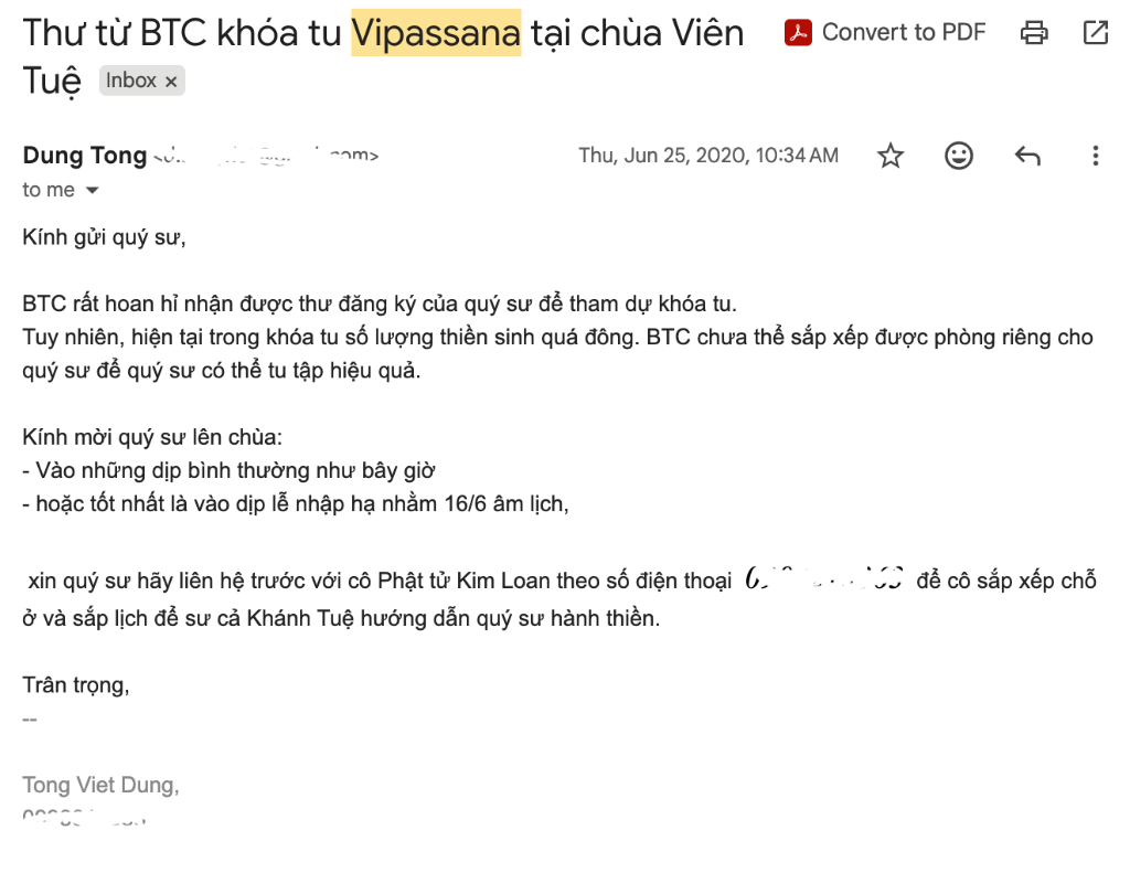Vipassana Registration Confirmation Email from Chùa Viên Tuệ dated June 25, 2020
