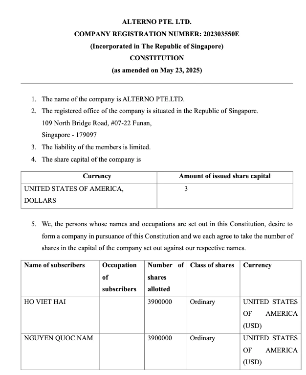 ACRA Filing, updated Constitution on May 23rd, 2025.