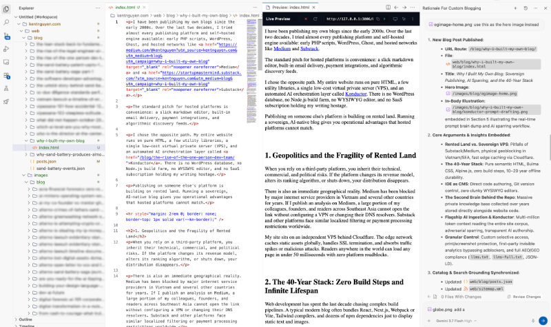 Multi-pane IDE setup showing file tree, semantic HTML editor, live local preview, and AI agent coordination in Antigravity